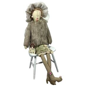 VTG CARMEN MANAGO Handmade Doll With Fur Coat Purse White Chair